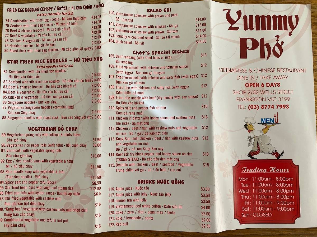 Menu at Yummy Pho Langwarrin restaurant, Langwarrin