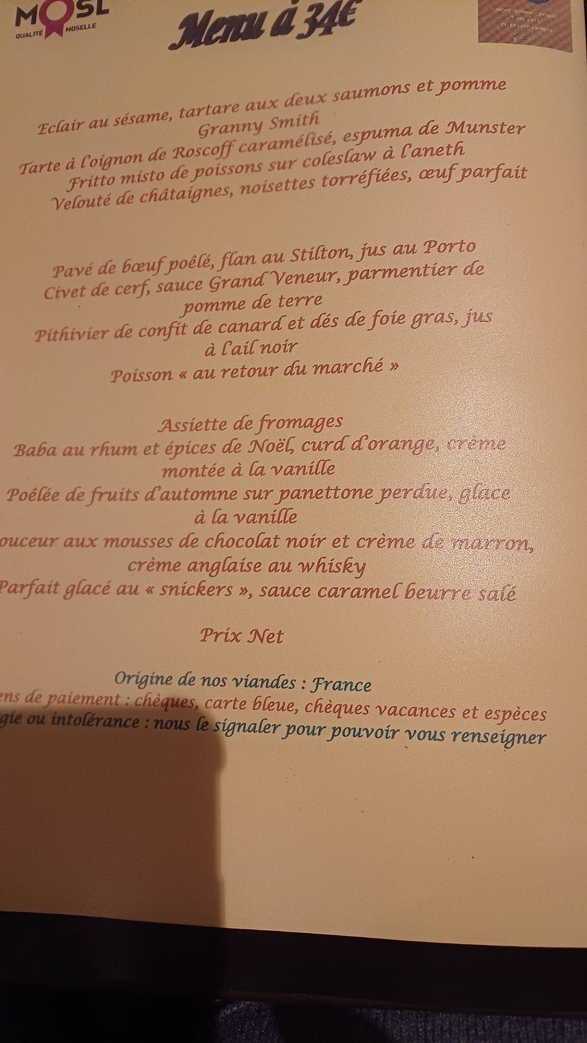 Menu de L'Épicurien