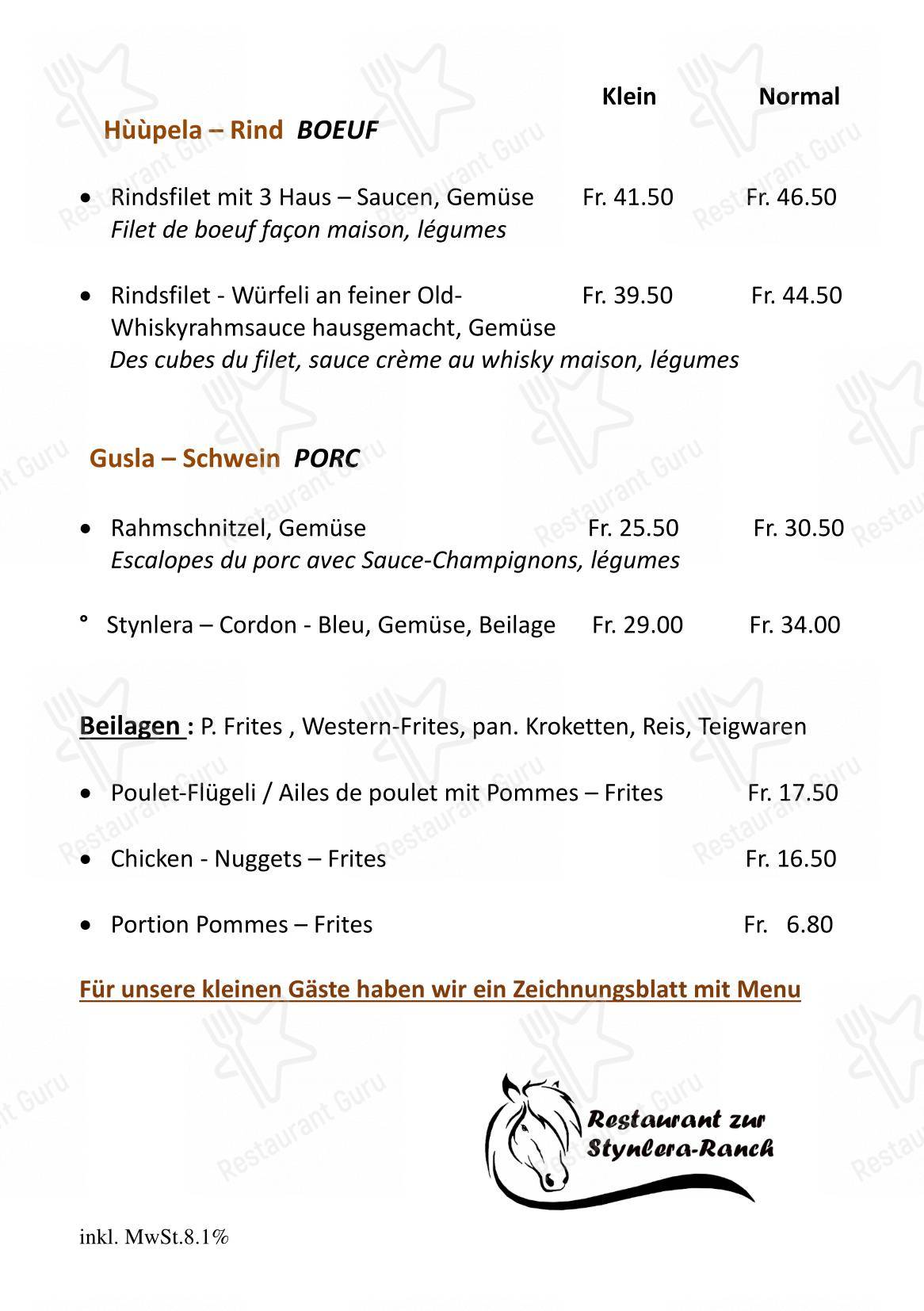 菜单 per Restaurant zur Stynlera-Ranch ristorante