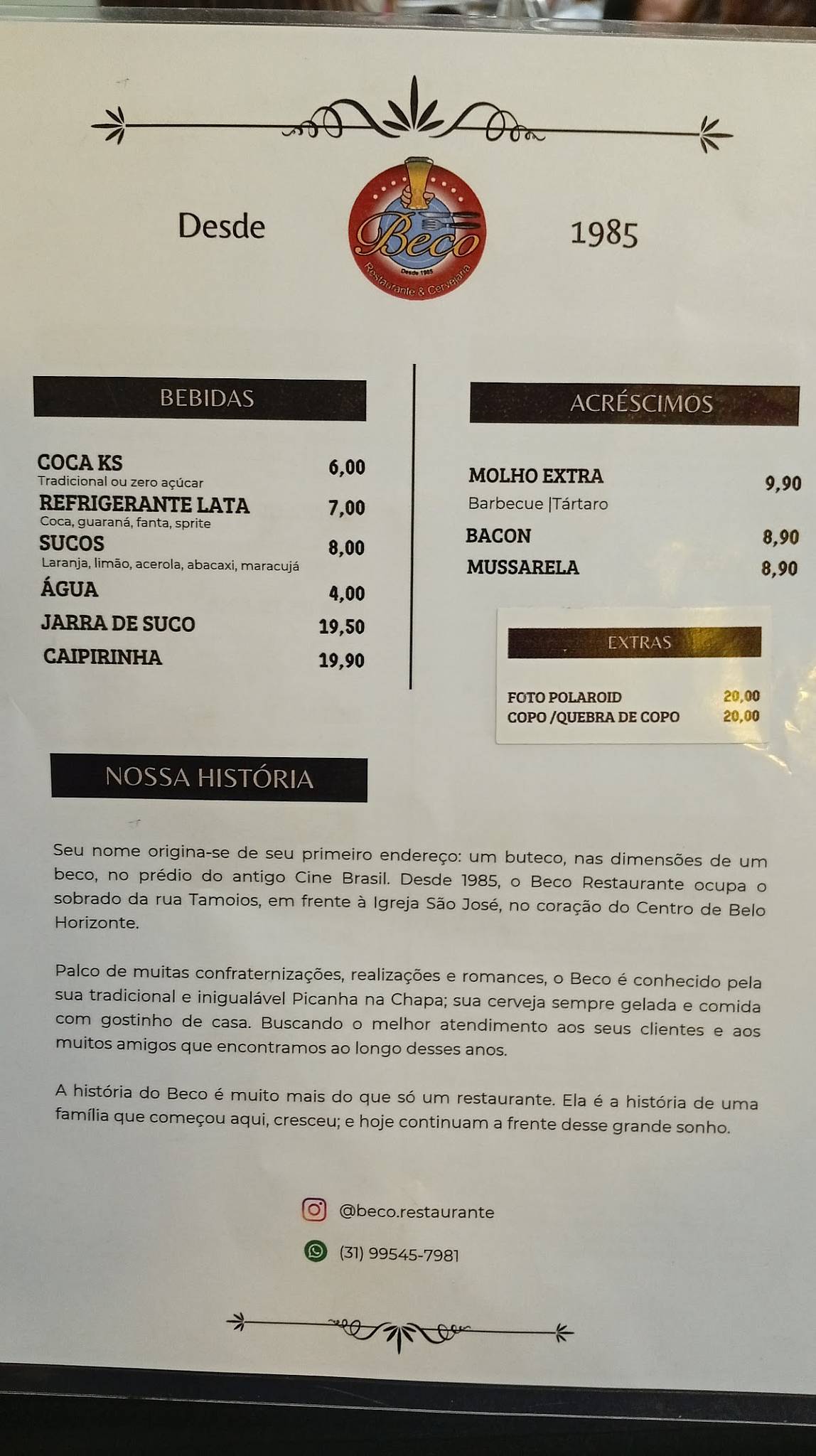 Restaurante Beco cardápio