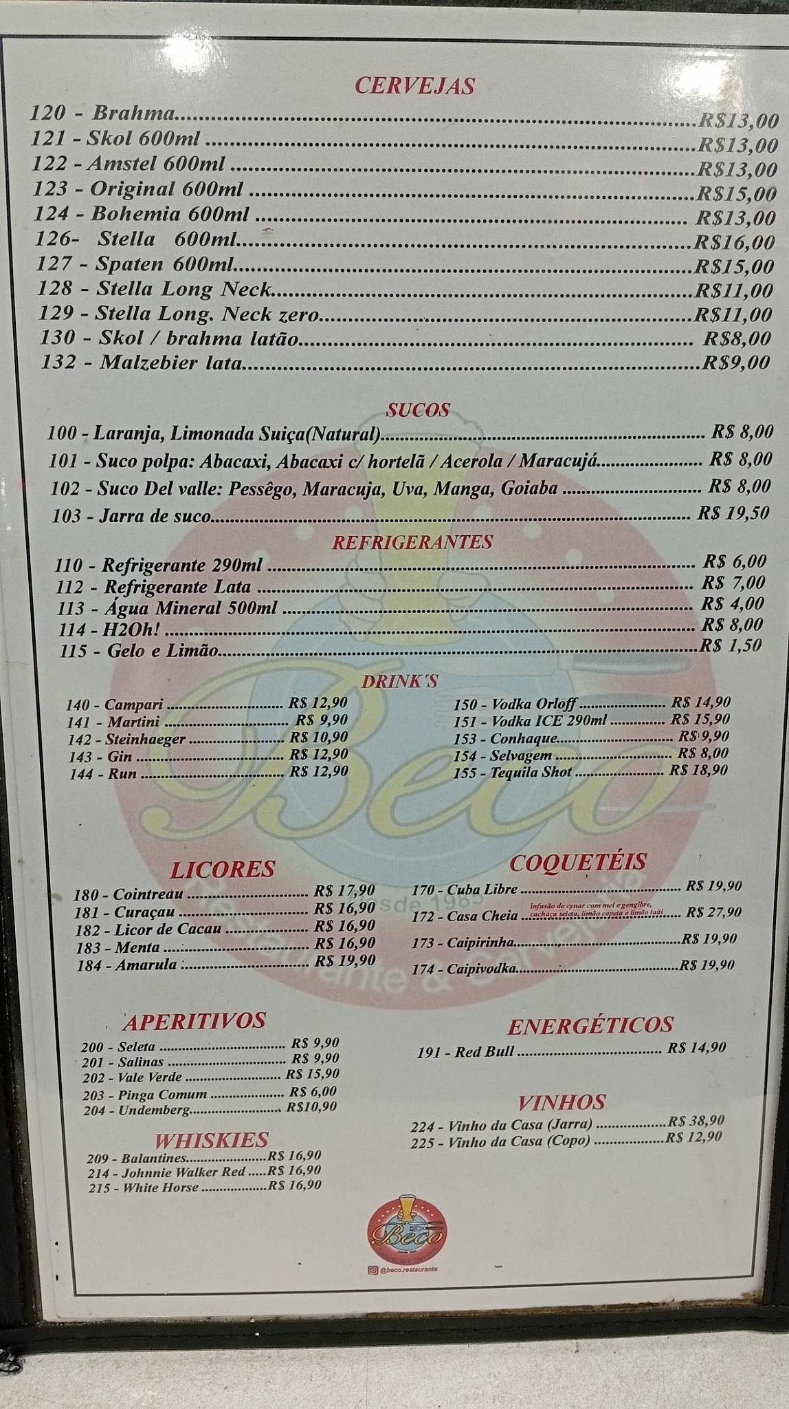 Restaurante Beco cardápio
