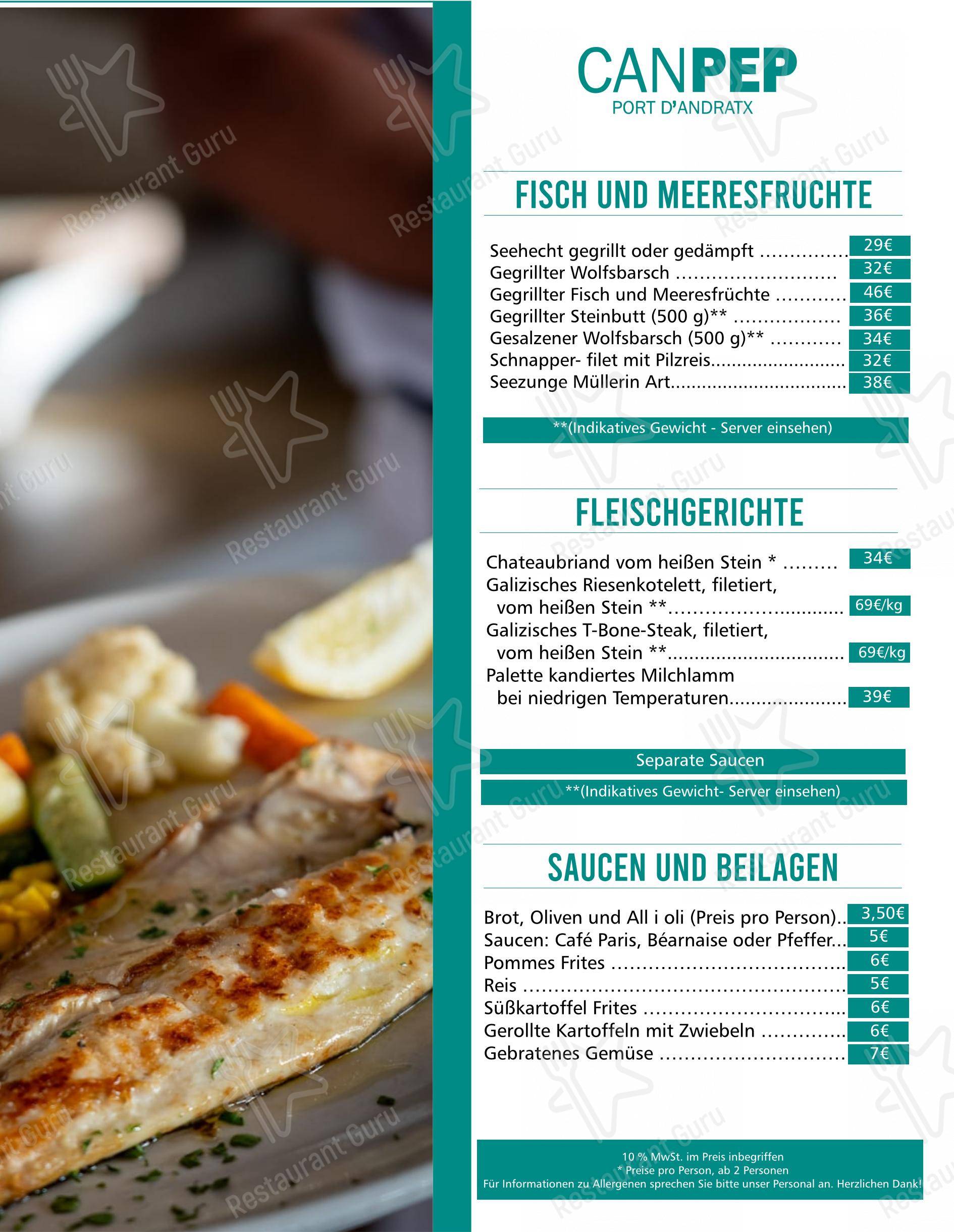 Menu de restaurante Restaurante Can Pep Puerto Andratx