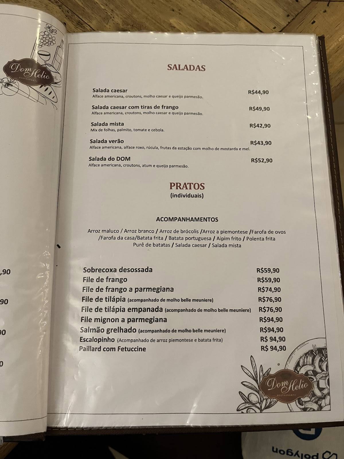 Dom Hélio Laranjeiras cardápio