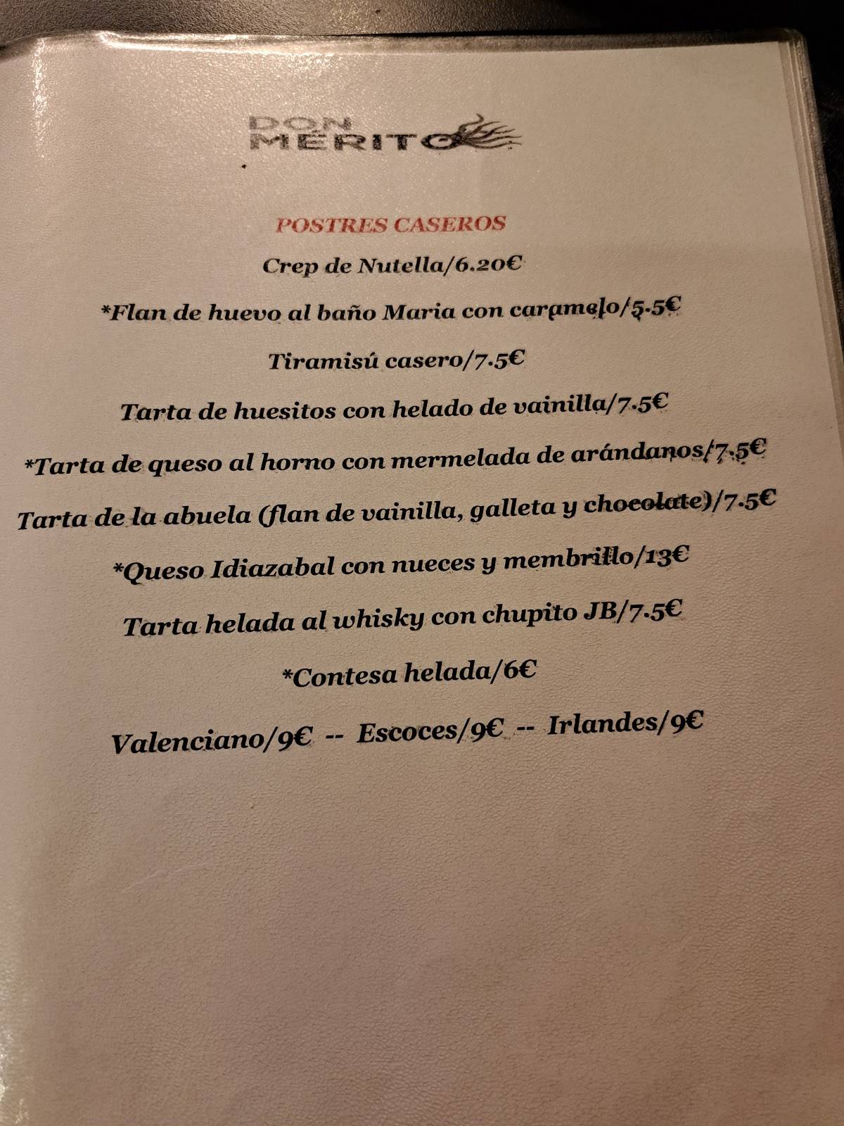 Carta de Restaurante Gallego Don Mérito, Pamplona, Plaza yamaguchi