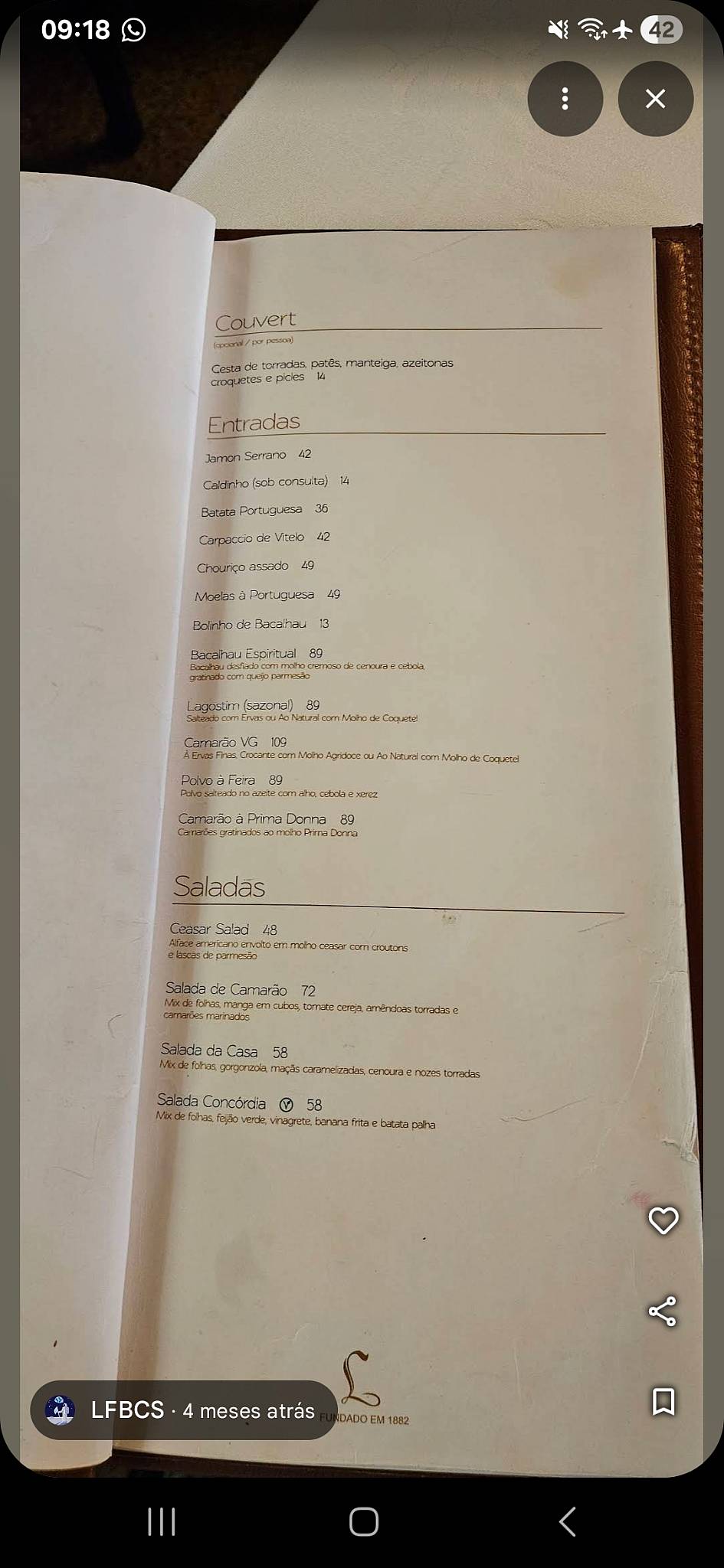 Restaurante Leite cardápio
