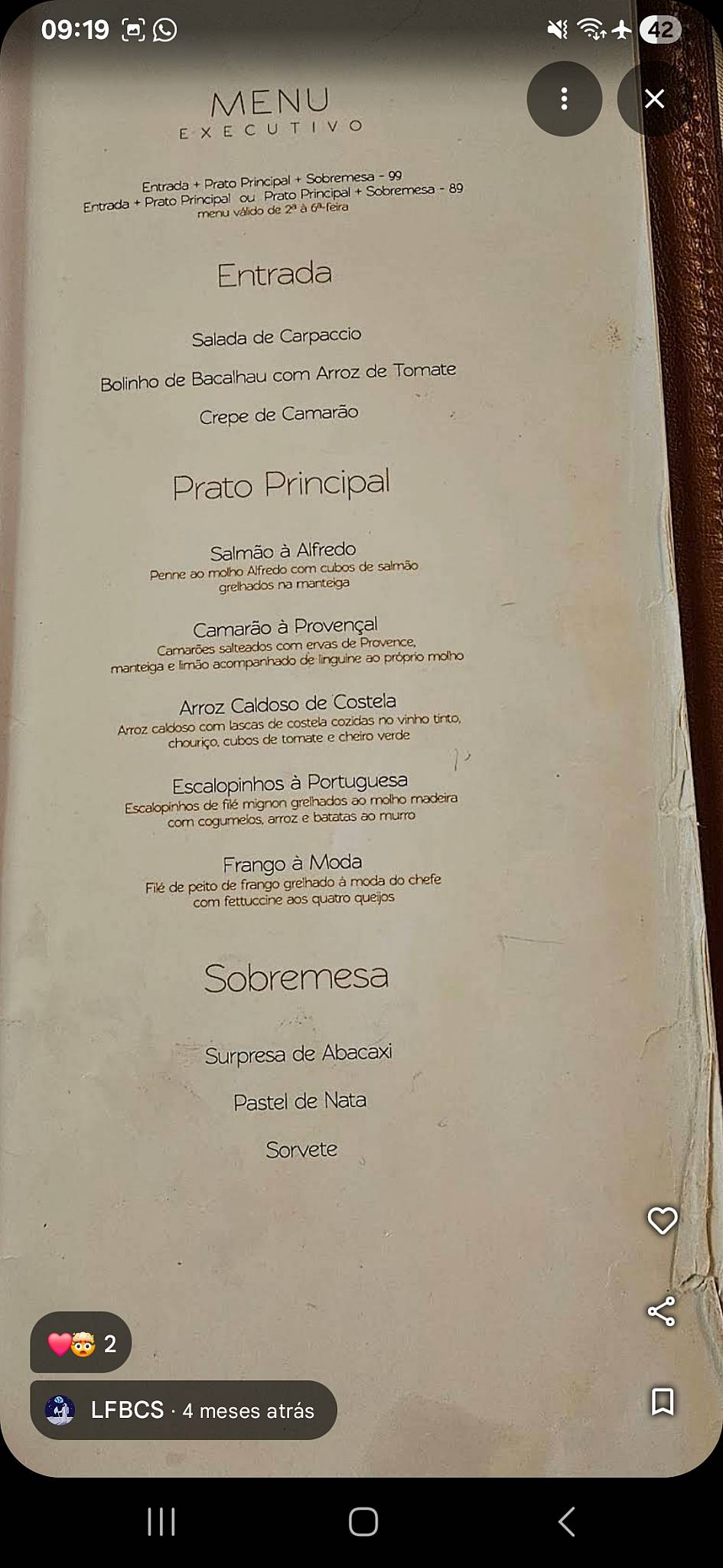Restaurante Leite cardápio