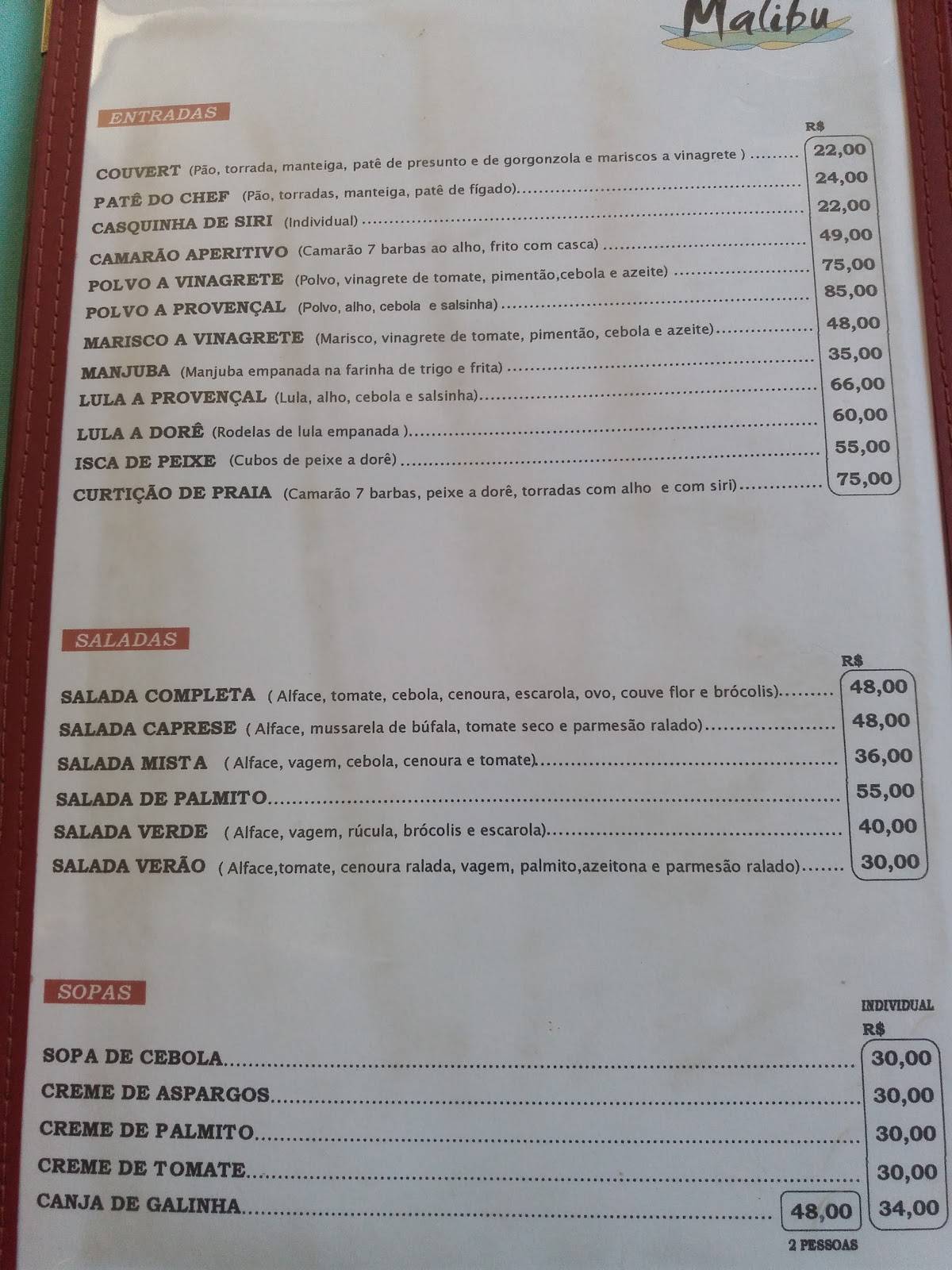 Restaurante Malibu cardápio