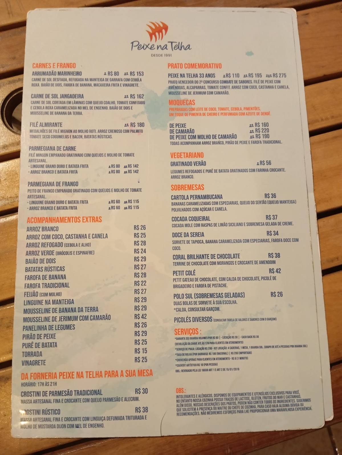 Restaurante Peixe na Telha cardápio