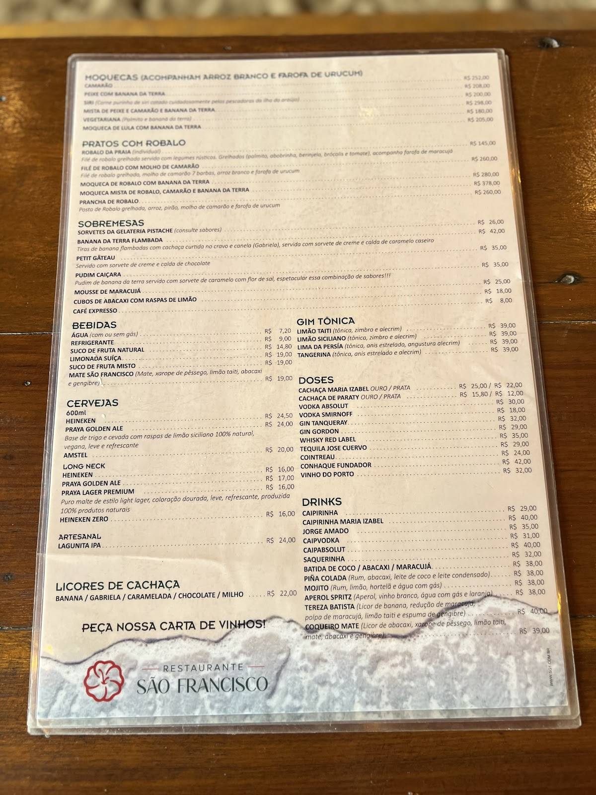 Restaurante São Francisco cardápio