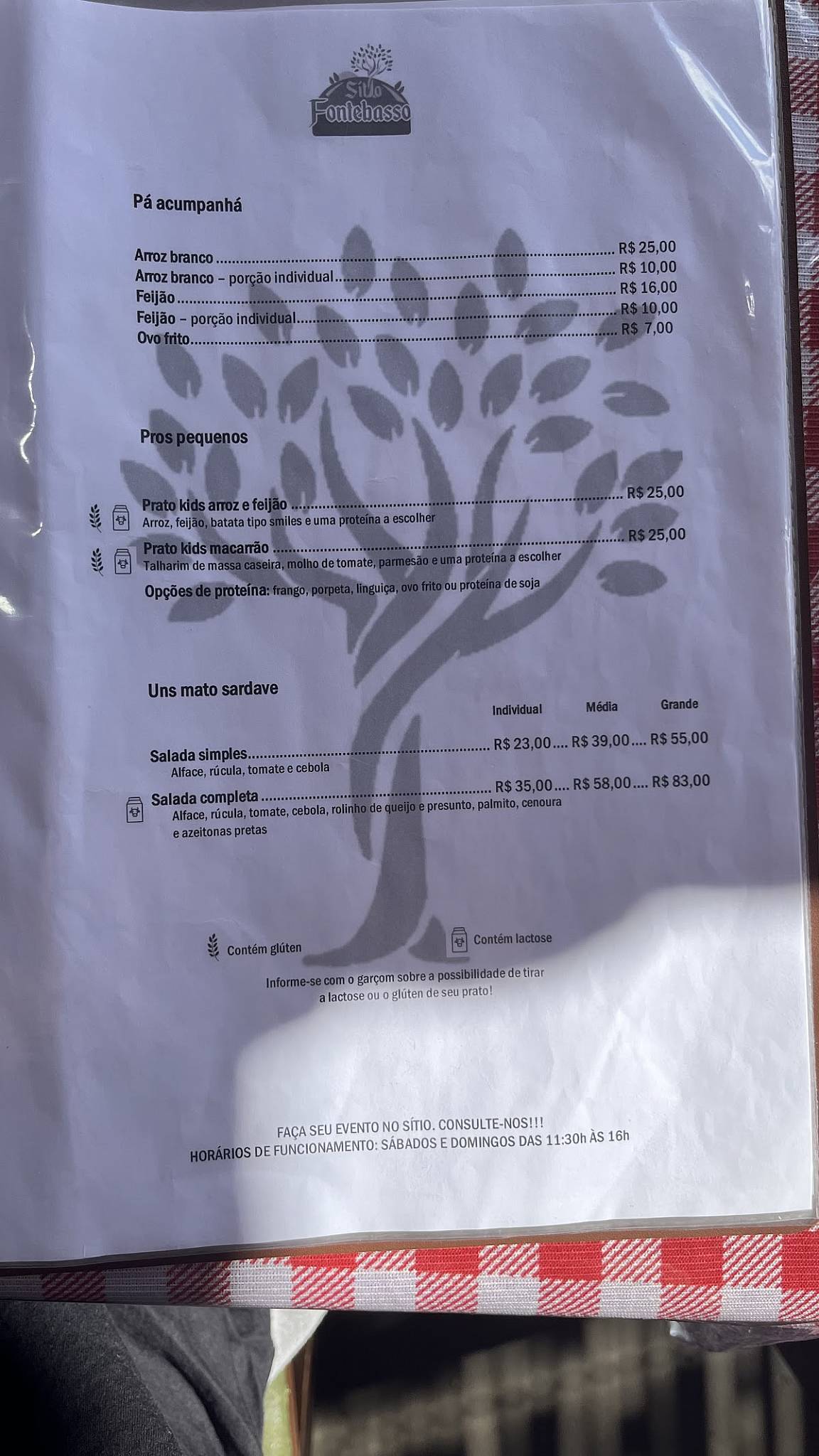 Sítio Fontebasso cardápio