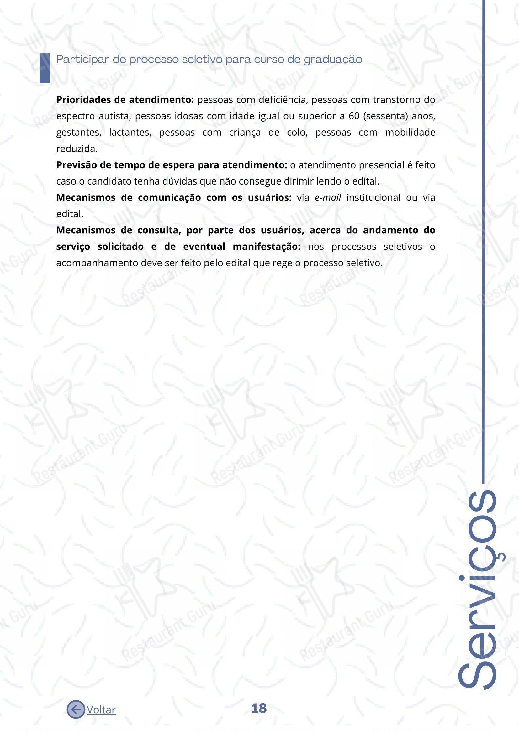 Restaurante Universitário - RU ISM GOMES DE MATTOS em Brasília - Основное меню