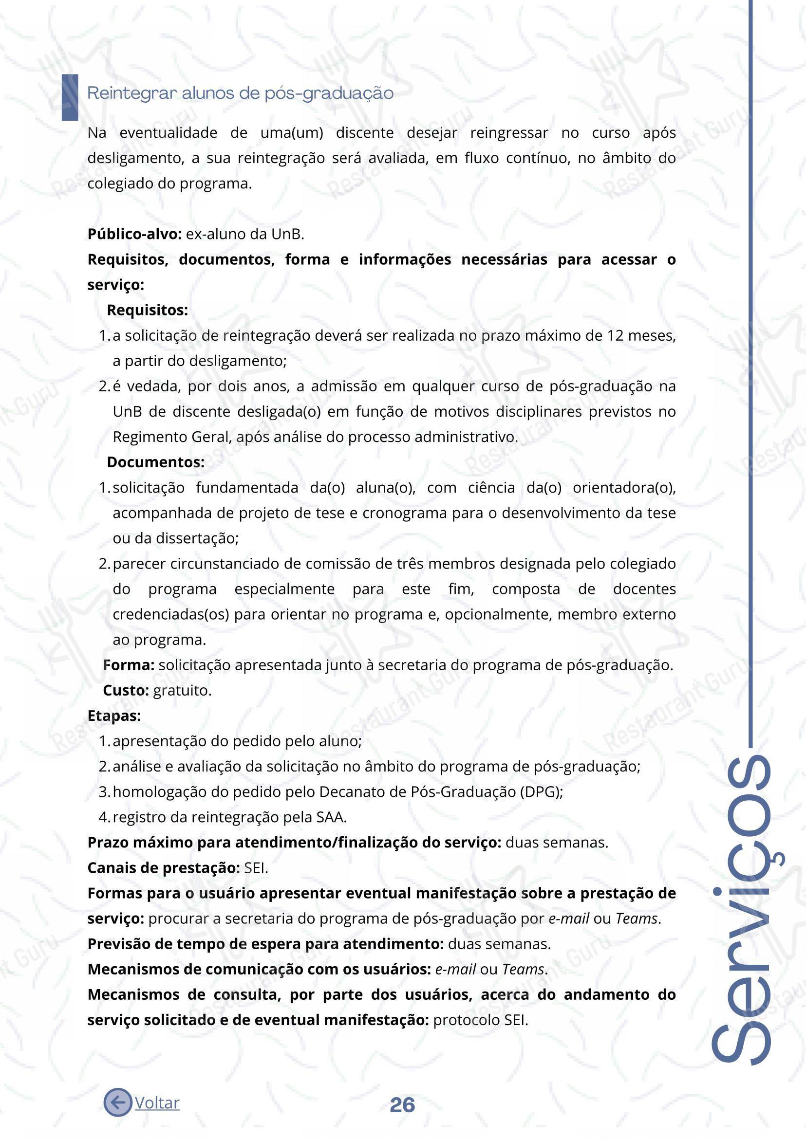 Основное меню para Restaurante Universitário - RU ISM GOMES DE MATTOS em Brasília