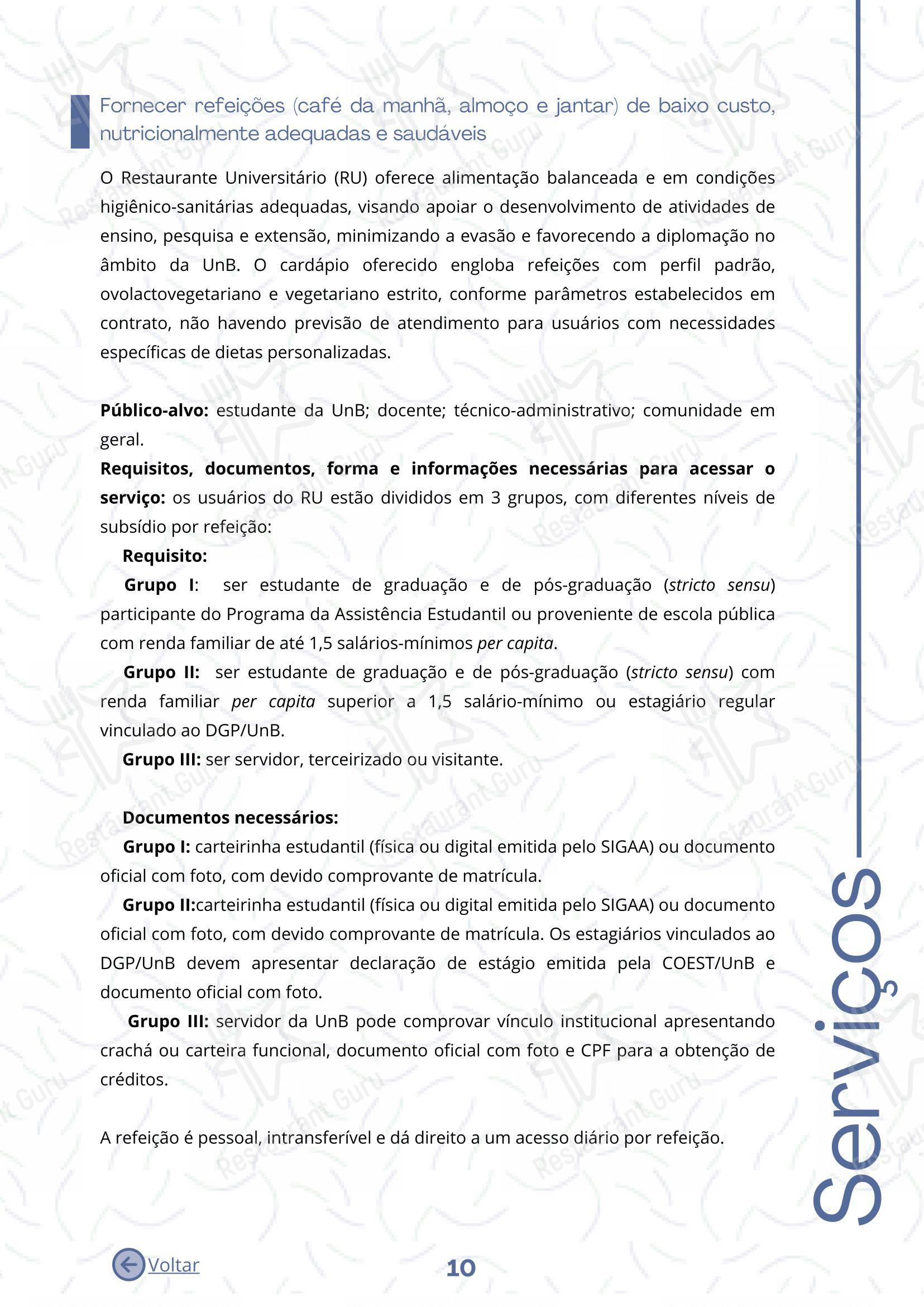 Restaurante Universitário - RU ISM GOMES DE MATTOS - Основное меню