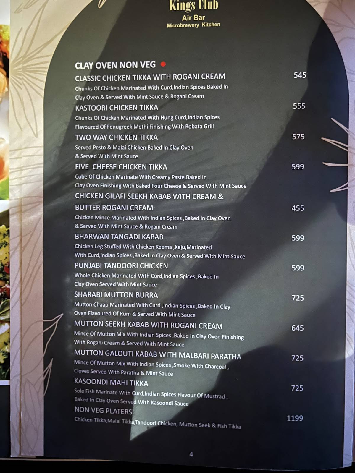 Kings Club menu