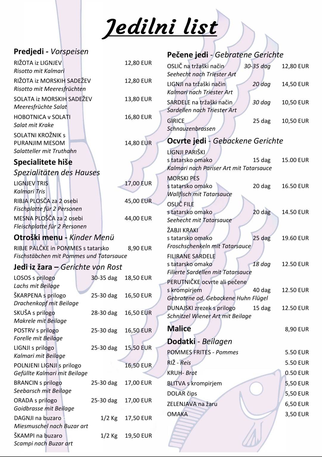 Menu di Ribji Bistro, restavracija z morsko hrano 