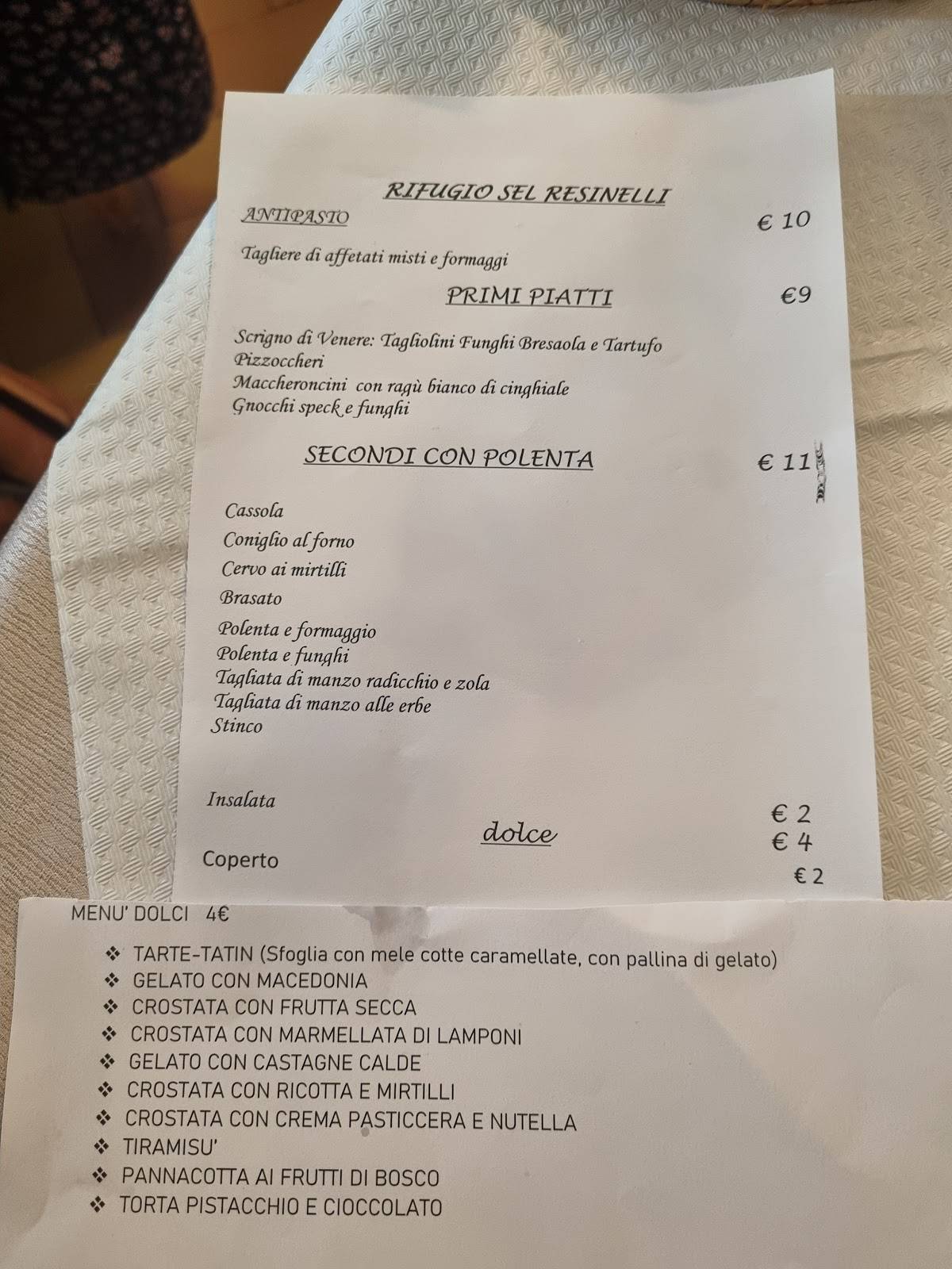 Menu di Rifugio SEL Rocca Locatelli 