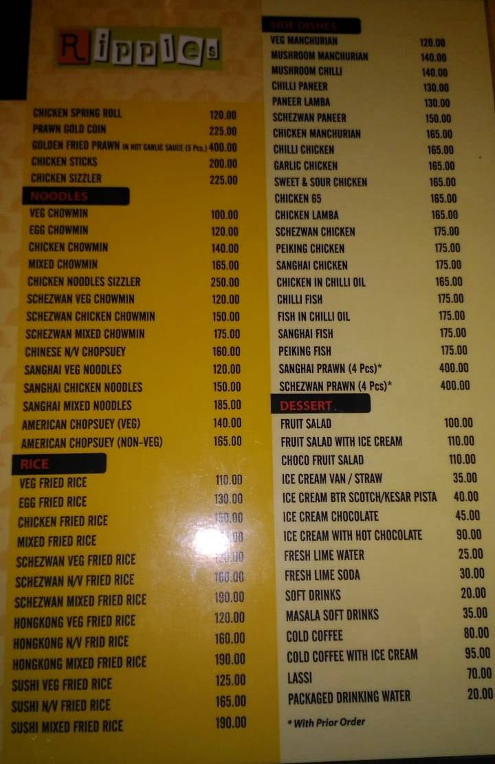Ripples Restaurant menu