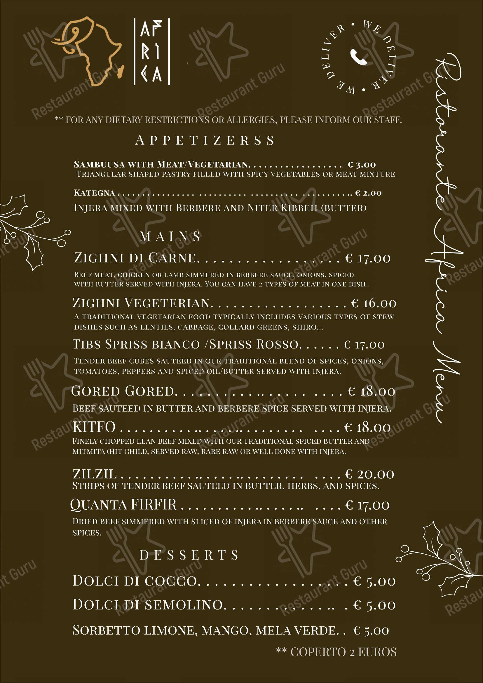Menu per Ristorante Africa in Milano
