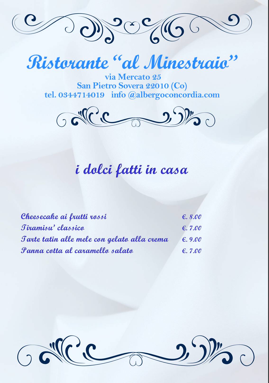 Menu di Hotel Concordia-Ristorante AL MINESTRAIO - Bar- 