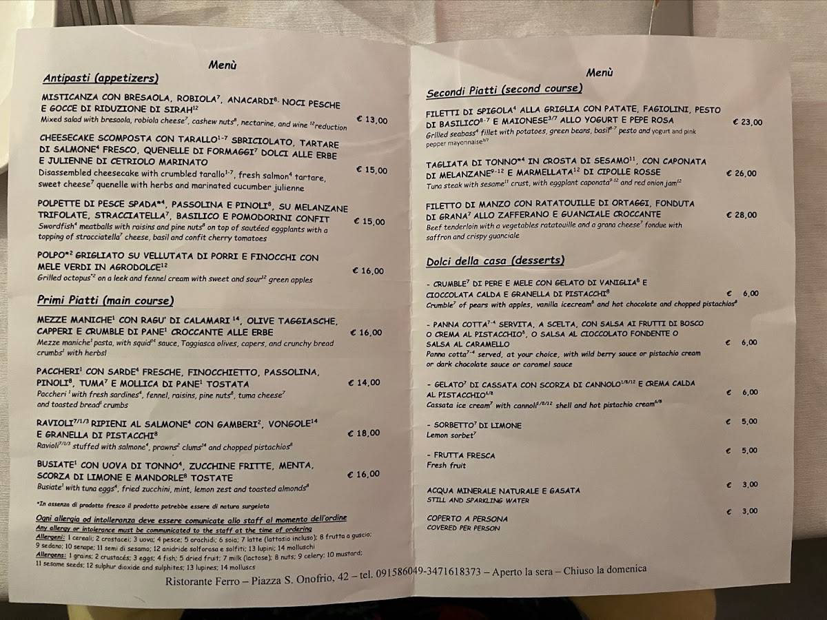 Menu di Ristorante Ferro