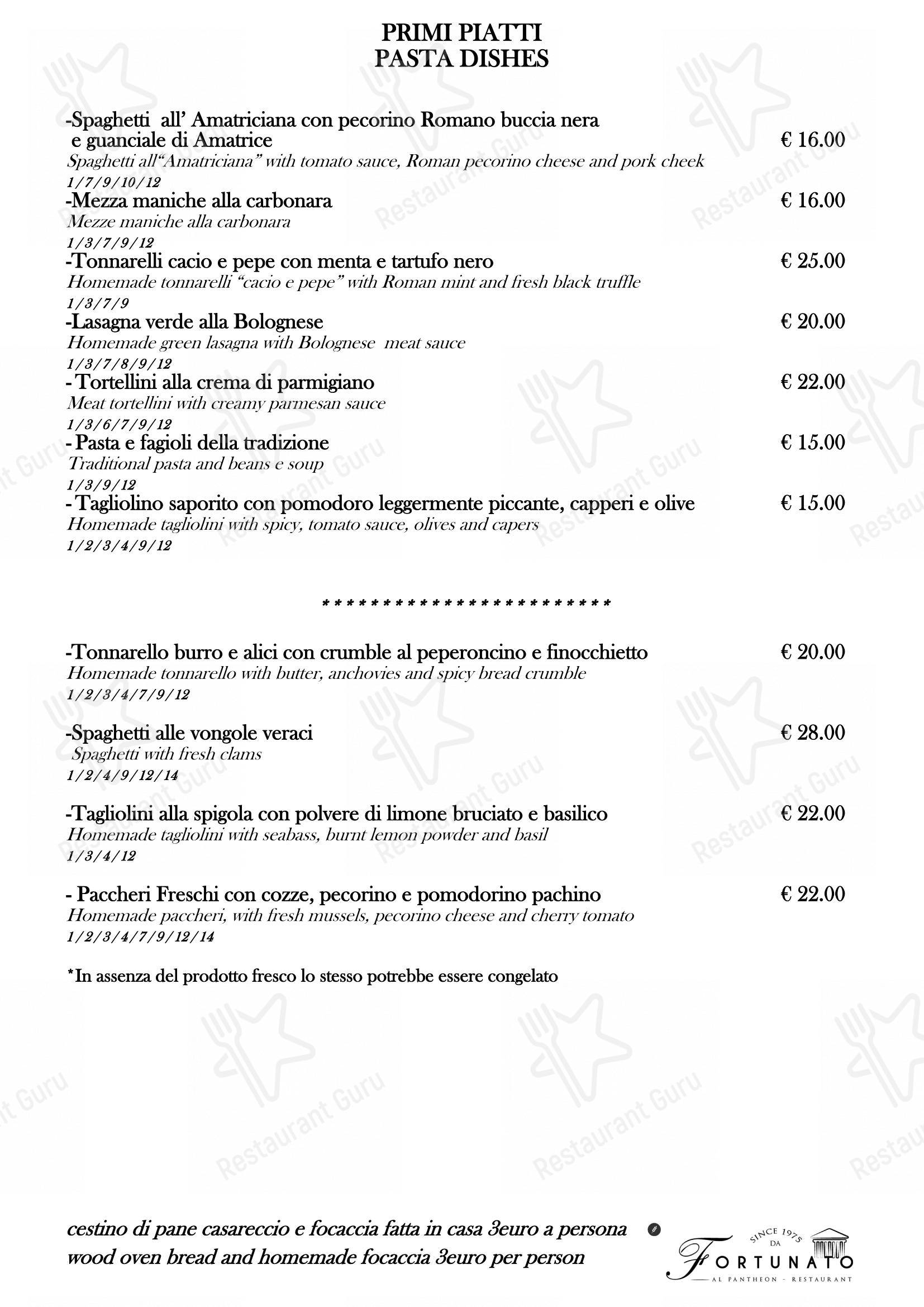 Menu per Ristorante Fortunato al Pantheon in Roma