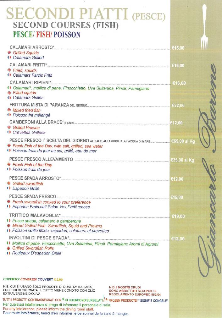 Menu di Ristorante Giancarlo Barone Acicastello 