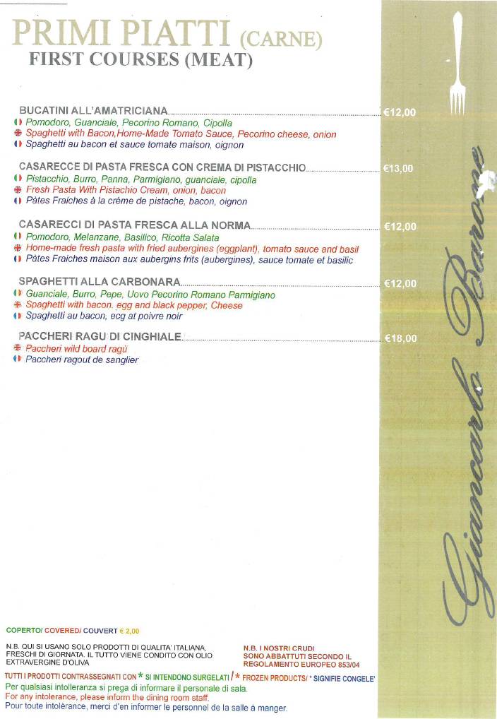 Menu di Ristorante Giancarlo Barone Acicastello 