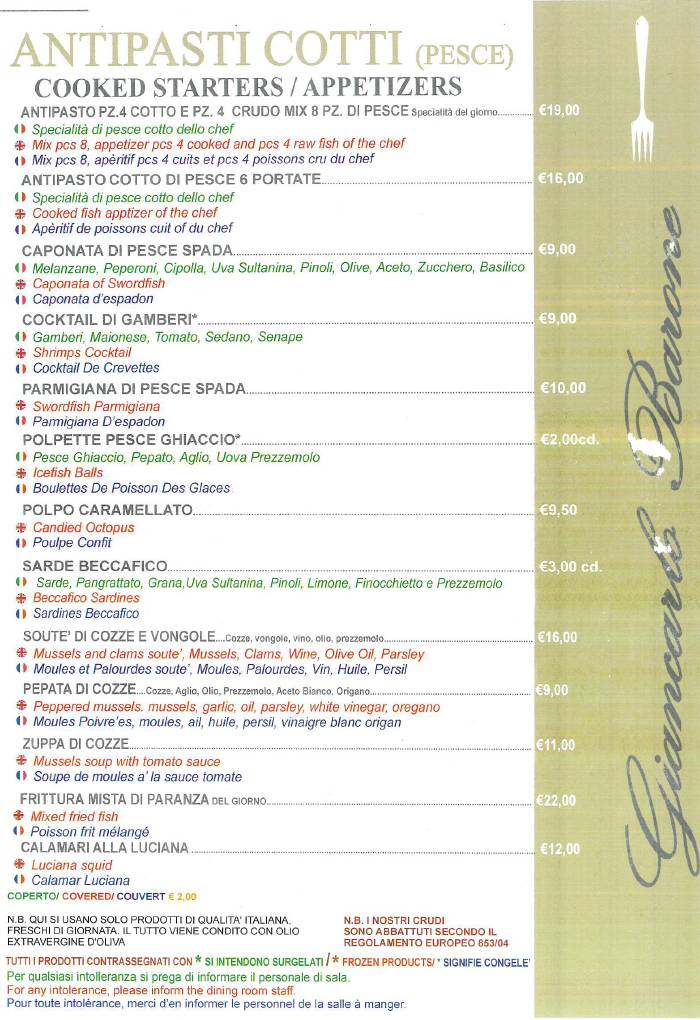 Menu di Ristorante Giancarlo Barone Acicastello 