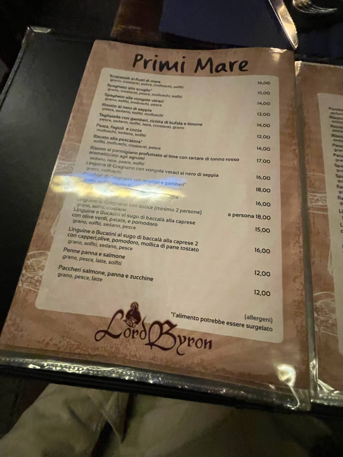 Menu di Ristorante Lord Byron 