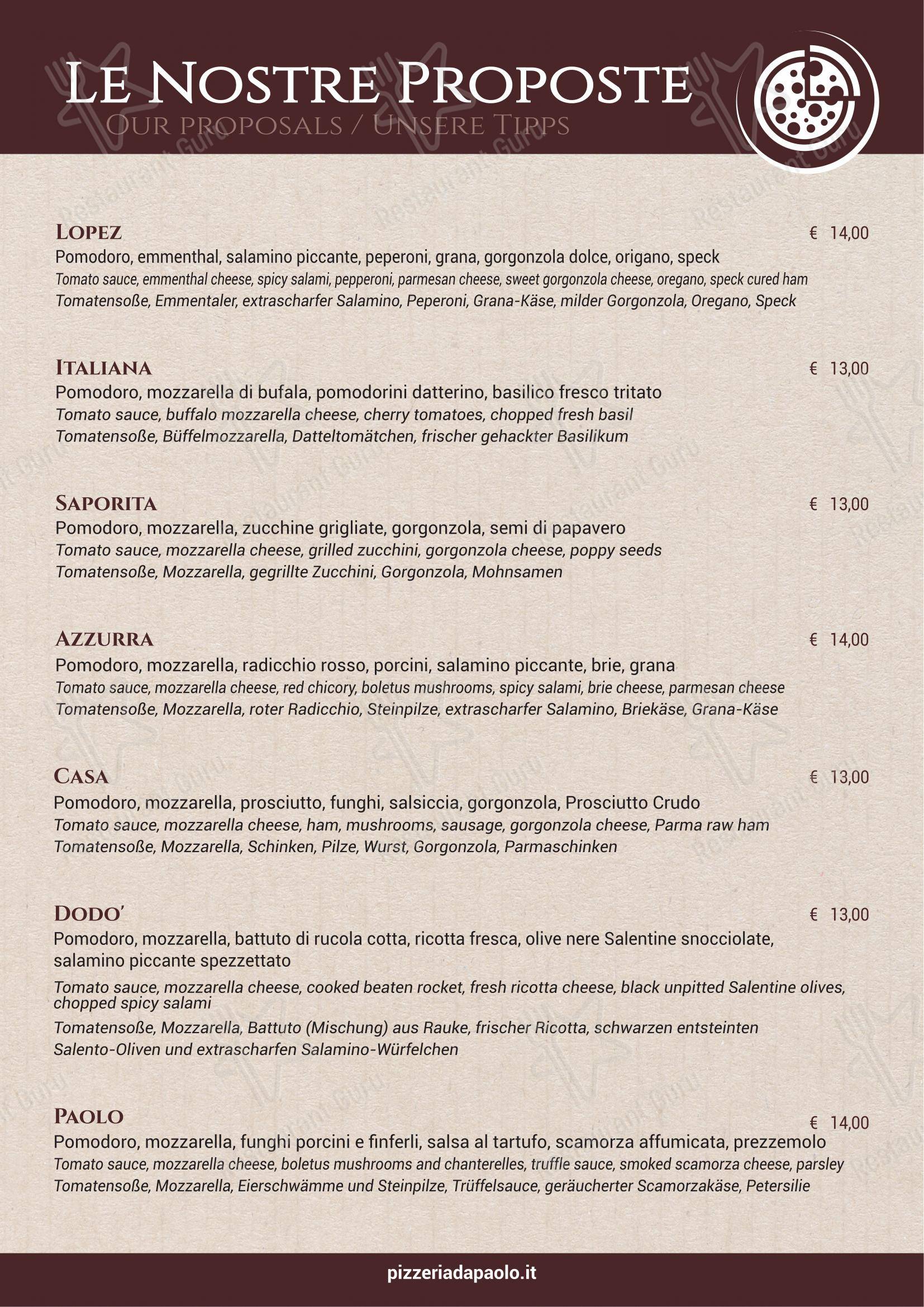 Ristorante Pizzeria Paolo - Hotel Antichi Cortili in Dossobuono - Menu