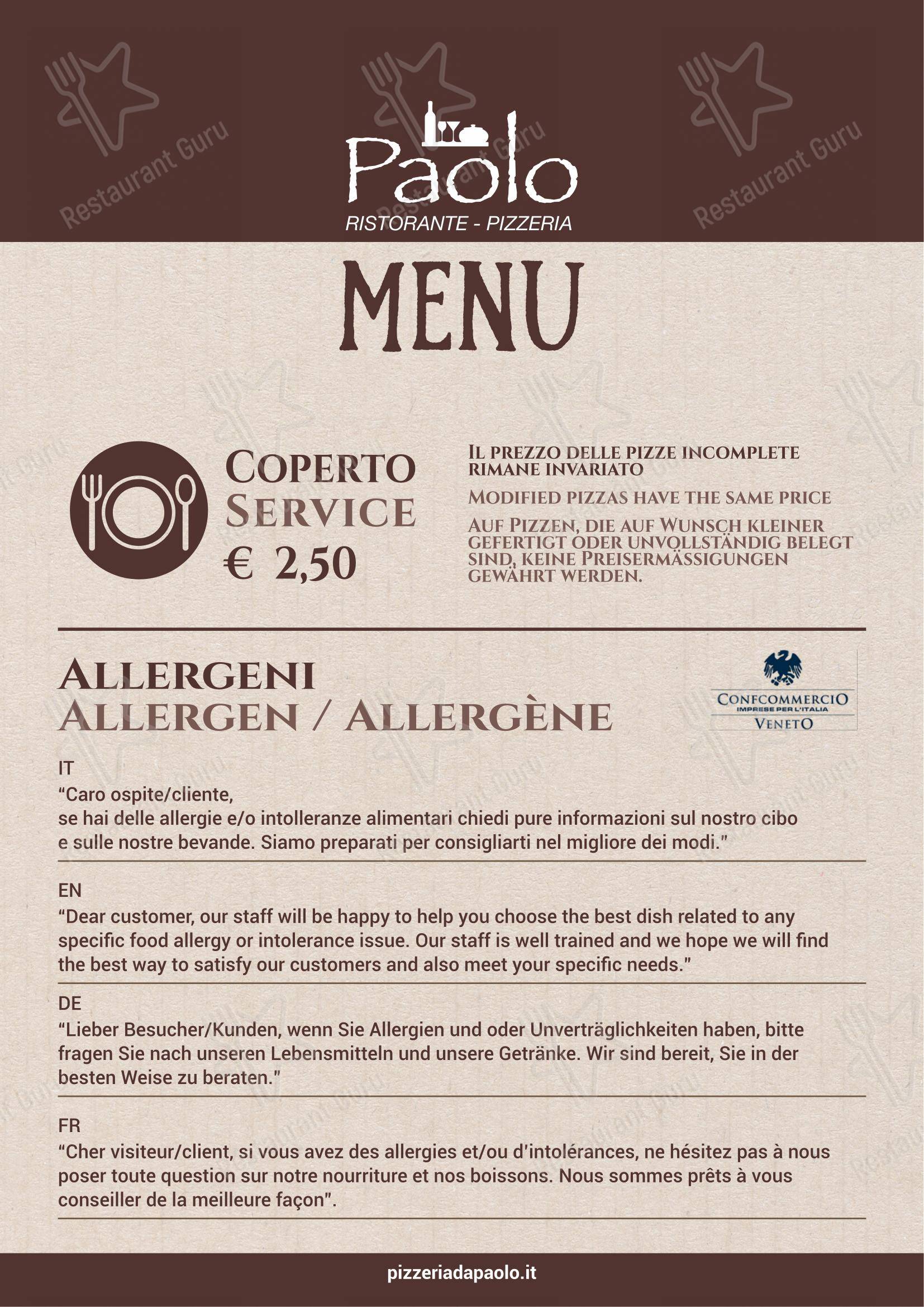 Ristorante Pizzeria Paolo - Hotel Antichi Cortili in Dossobuono - Menu