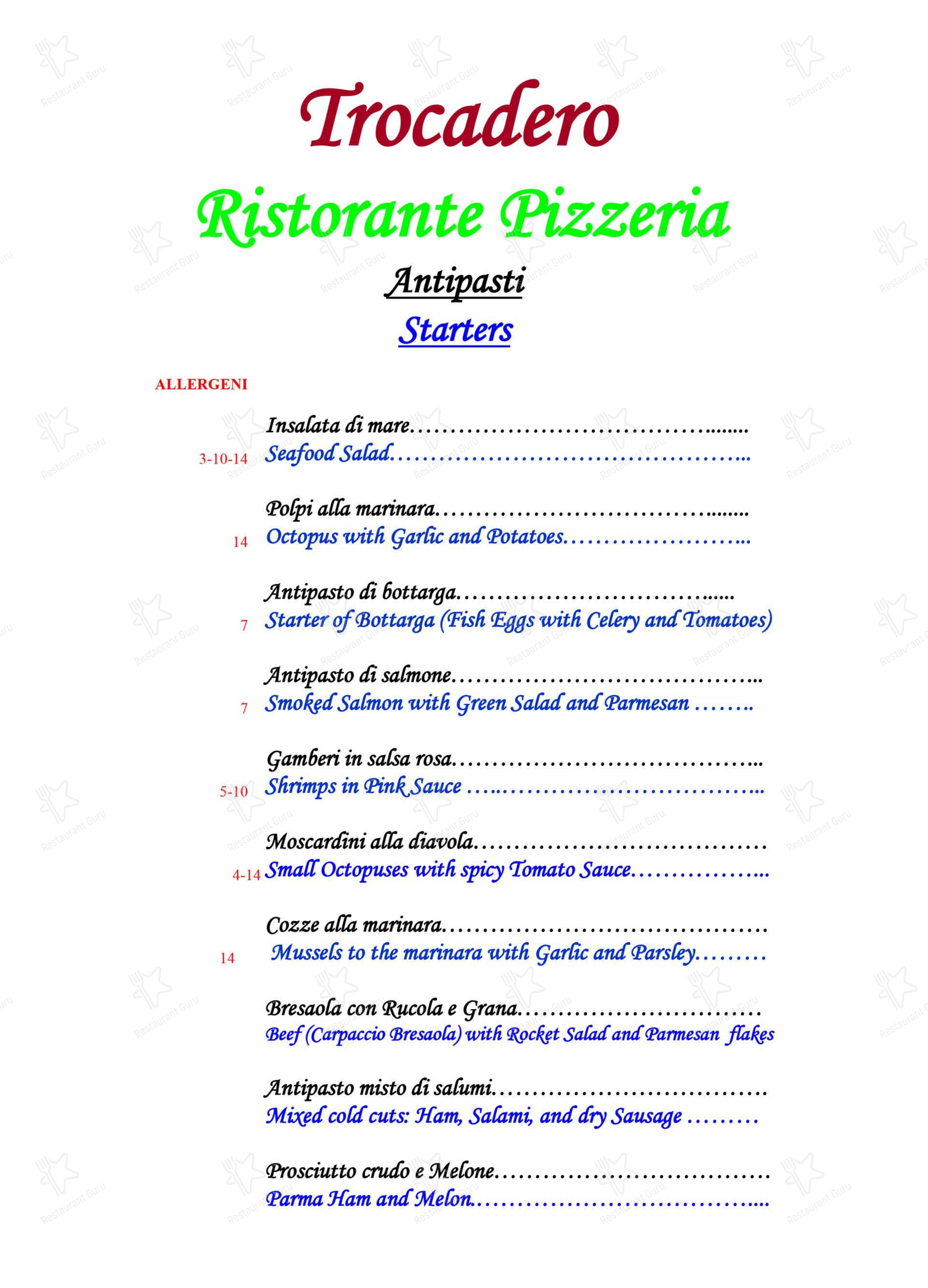 Menu per Ristorante Pizzeria Trocadero ristorante