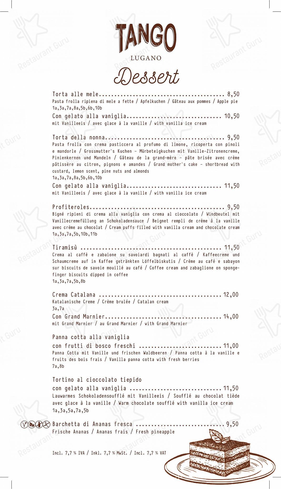 Drink menu per Ristorante Tango in Lugano