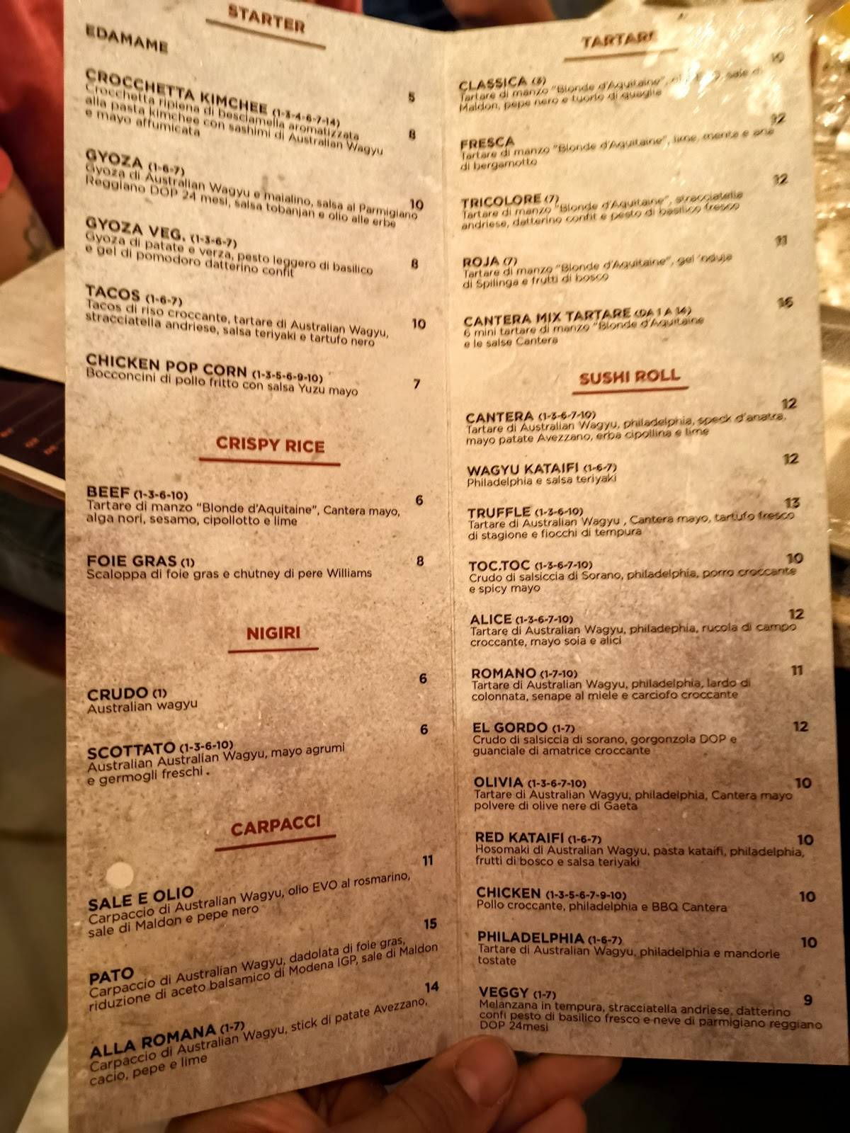 Menu di Cantera Parioli 