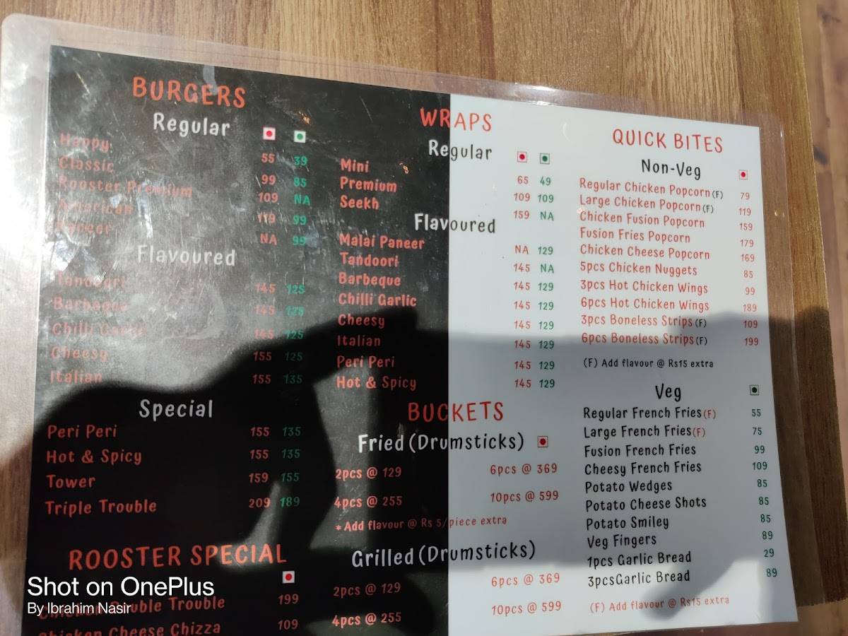 Rooster Fast Food Restaurant menu