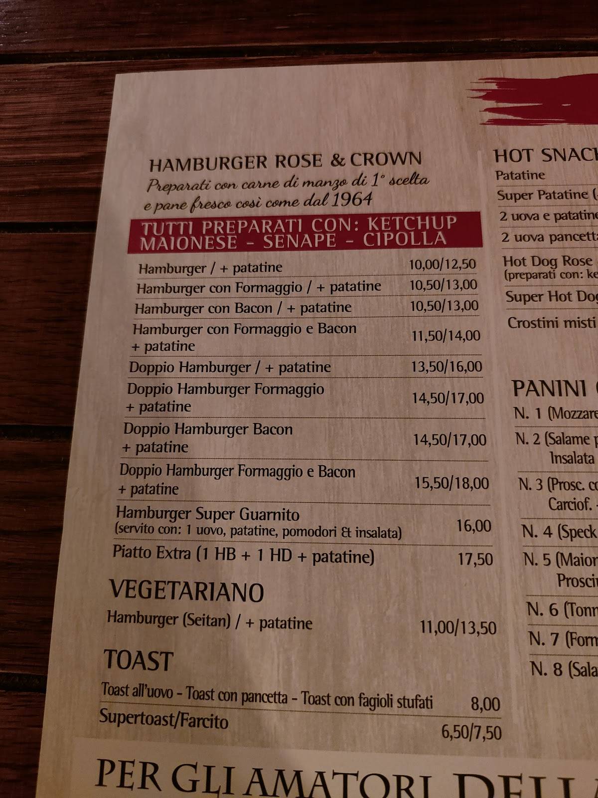 Menu di Rose&Crown pub 