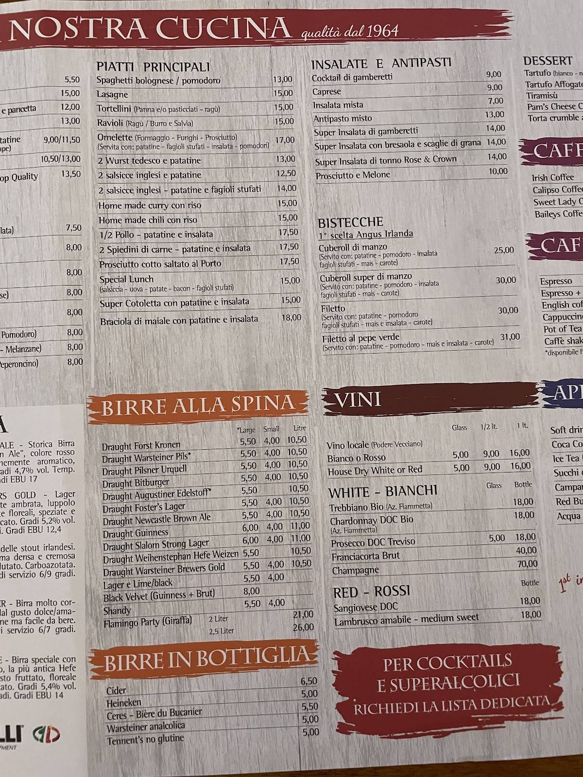 Menu di Rose&Crown pub 