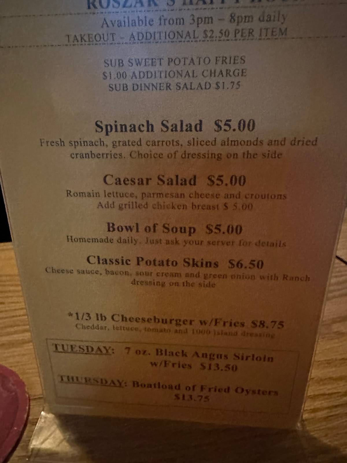 Menu at Roszaks Fish House restaurant, Bend