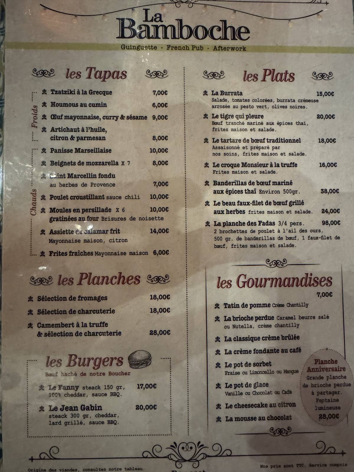 Menu au La Bamboche restaurant, Rousset