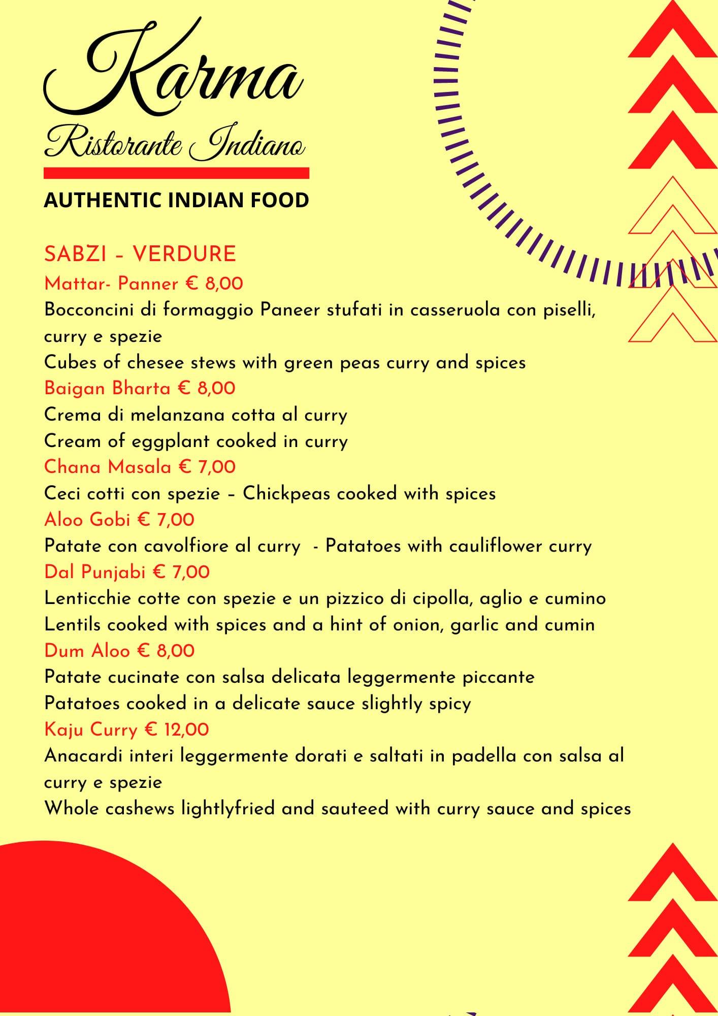 Menu di Karma Ristorante Indiano 