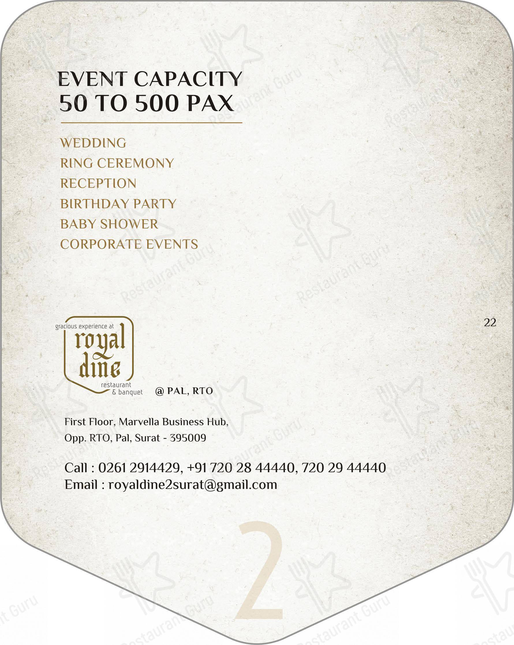 Menu for Royal Dine Pal RTO Restaurant Banquet in Surat
