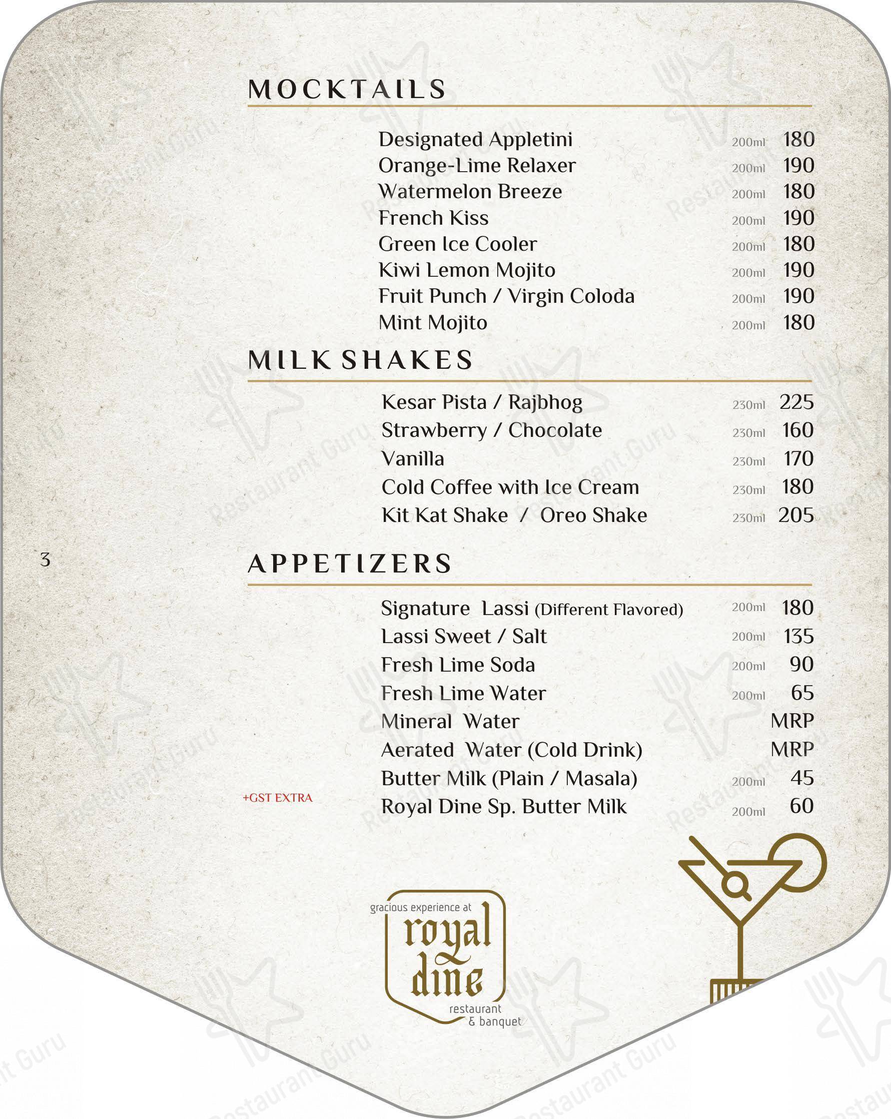 Menu for Royal Dine Pal RTO Restaurant Banquet in Surat
