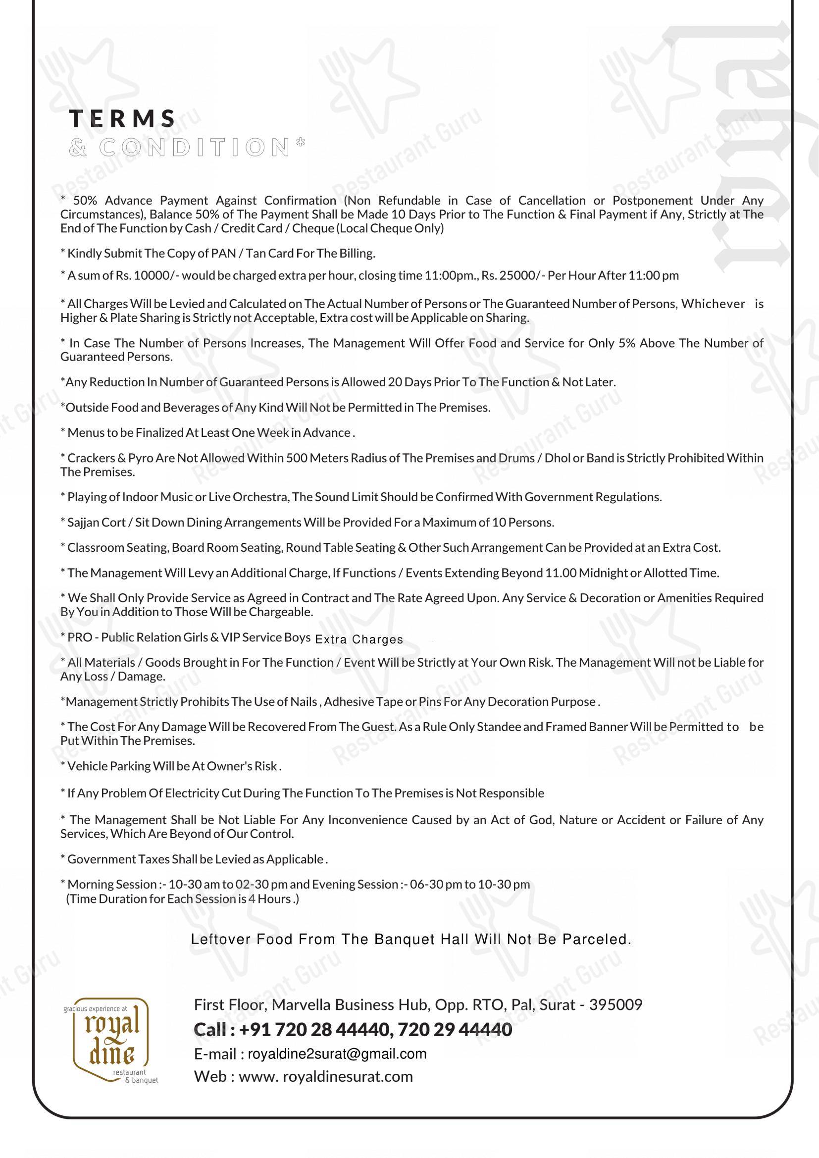 Royal Dine Pal RTO Restaurant Banquet in Surat - Menu bar