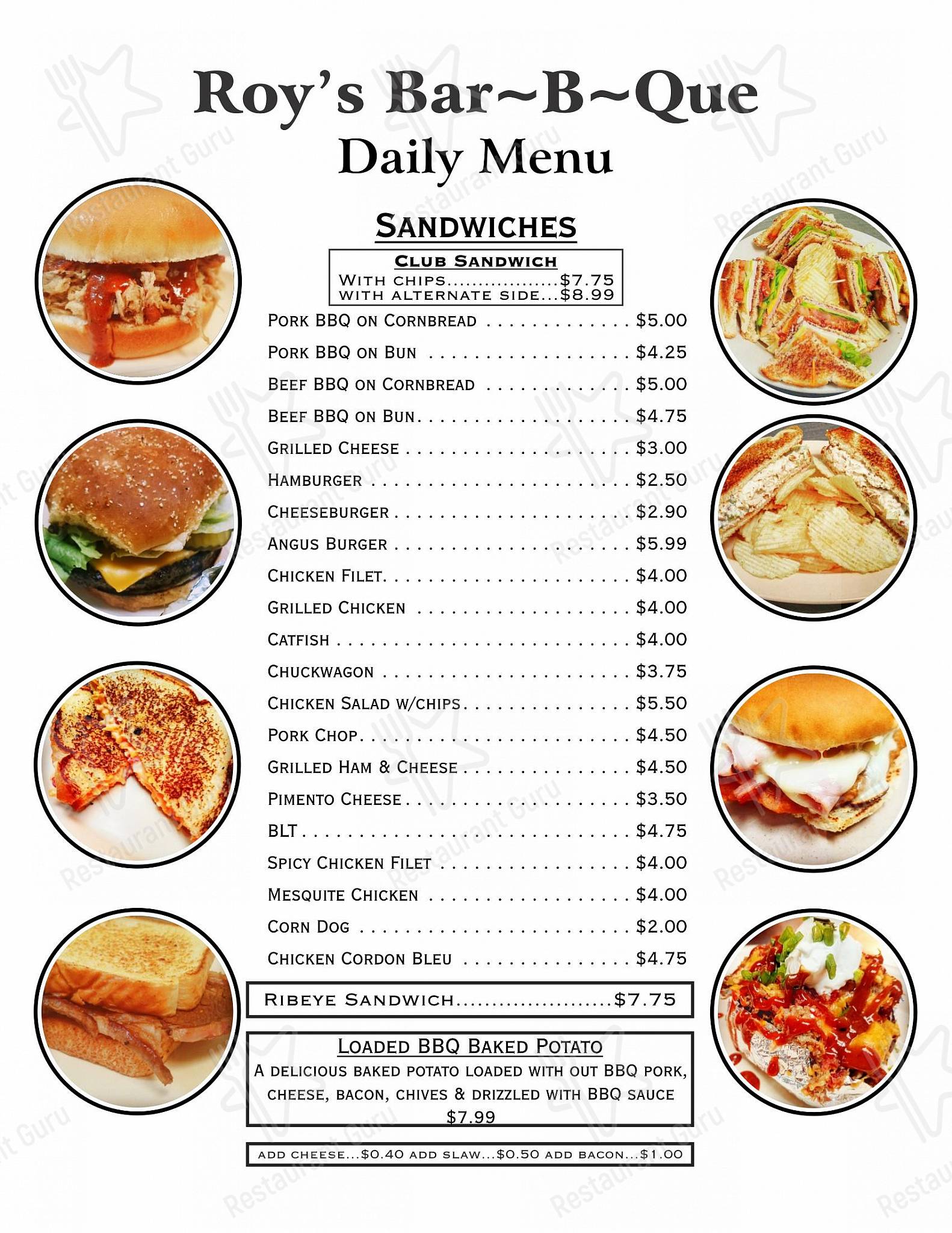 Menu at Roy's BarBQue, Russellville