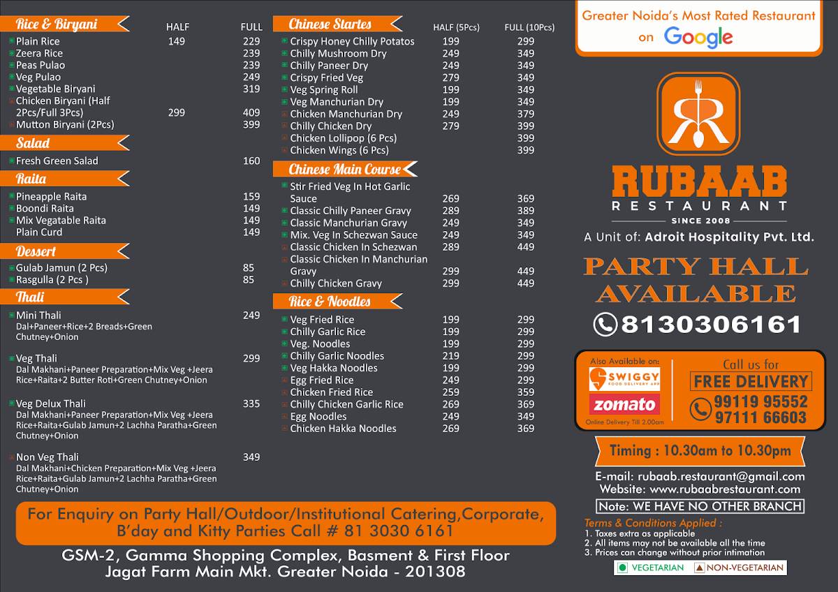 Rubaab Restaurant , Jagat Farm I Best Restaurant in Greater Noida menu