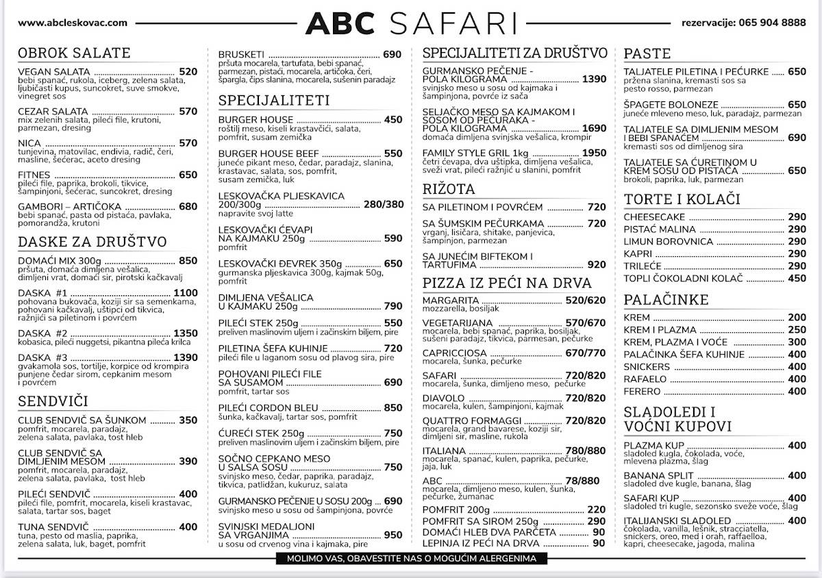 Menu de SAFARI cafe pizzeria