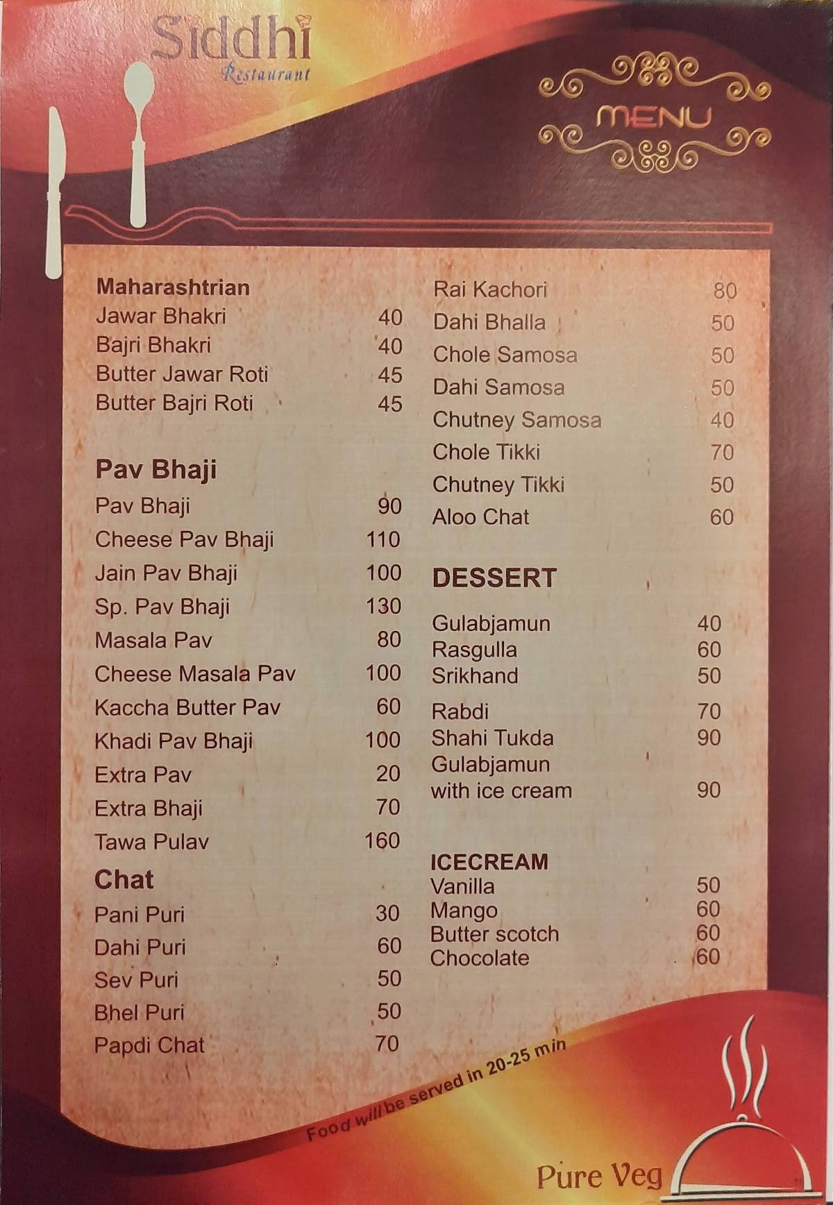 Siddhi Restaurant menu