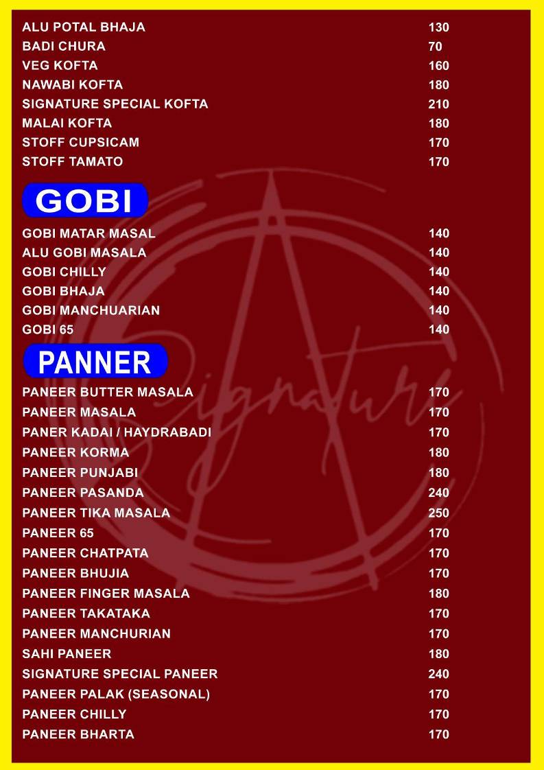 SIGNATURE A/C FAMILY RESTAURANT , NAYAGARH menu