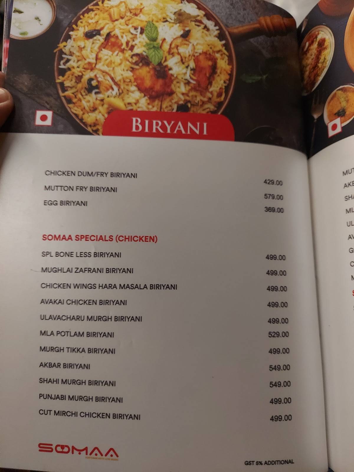SOMAA, Siripuram menu