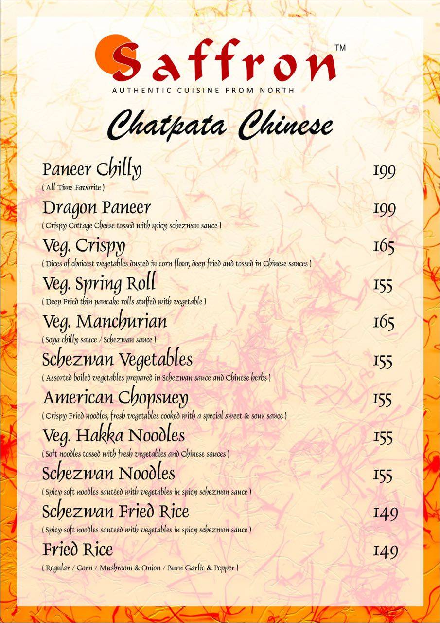 Menu at Saffron Restaurant, Vadodara, 02